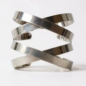 Shiny Double X look silver Tone wide Cuff Bracelet